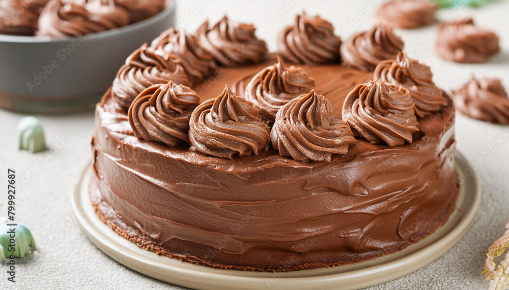 Close-up of delicious cake with brown buttercream, whipped cream frosting. Tasty dessert. Sweet food Close-up of delicious cake with brown buttercream, whipped cream frosting. Tasty dessert. Sweet food