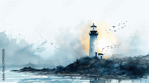 watercolor illustration of lighthouse in the sea