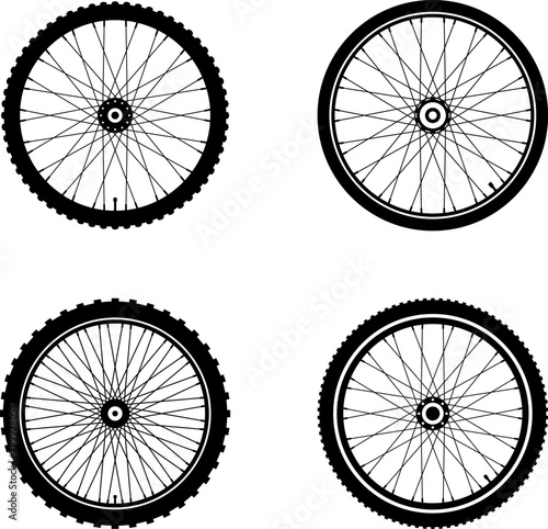 Realistic 3d bicycle wheels. Bike rubber tyres, metal spokes and rims. Fitness cycle, sport, road, touring, mountain bike tyre. Bicycle wheel symbol. Valve. Motor Bike. Vector illustration