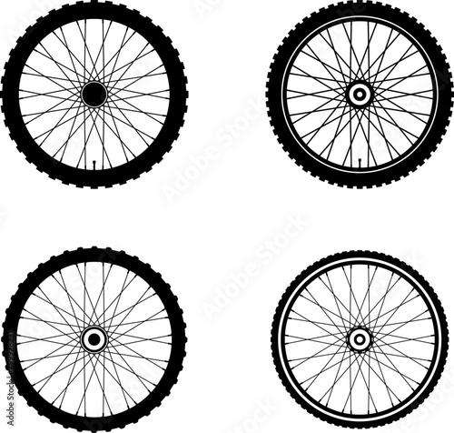 Realistic 3d bicycle wheels. Bike rubber tyres, metal spokes and rims. Fitness cycle, sport, road, touring, mountain bike tyre. Bicycle wheel symbol. Valve. Motor Bike. Vector illustration
