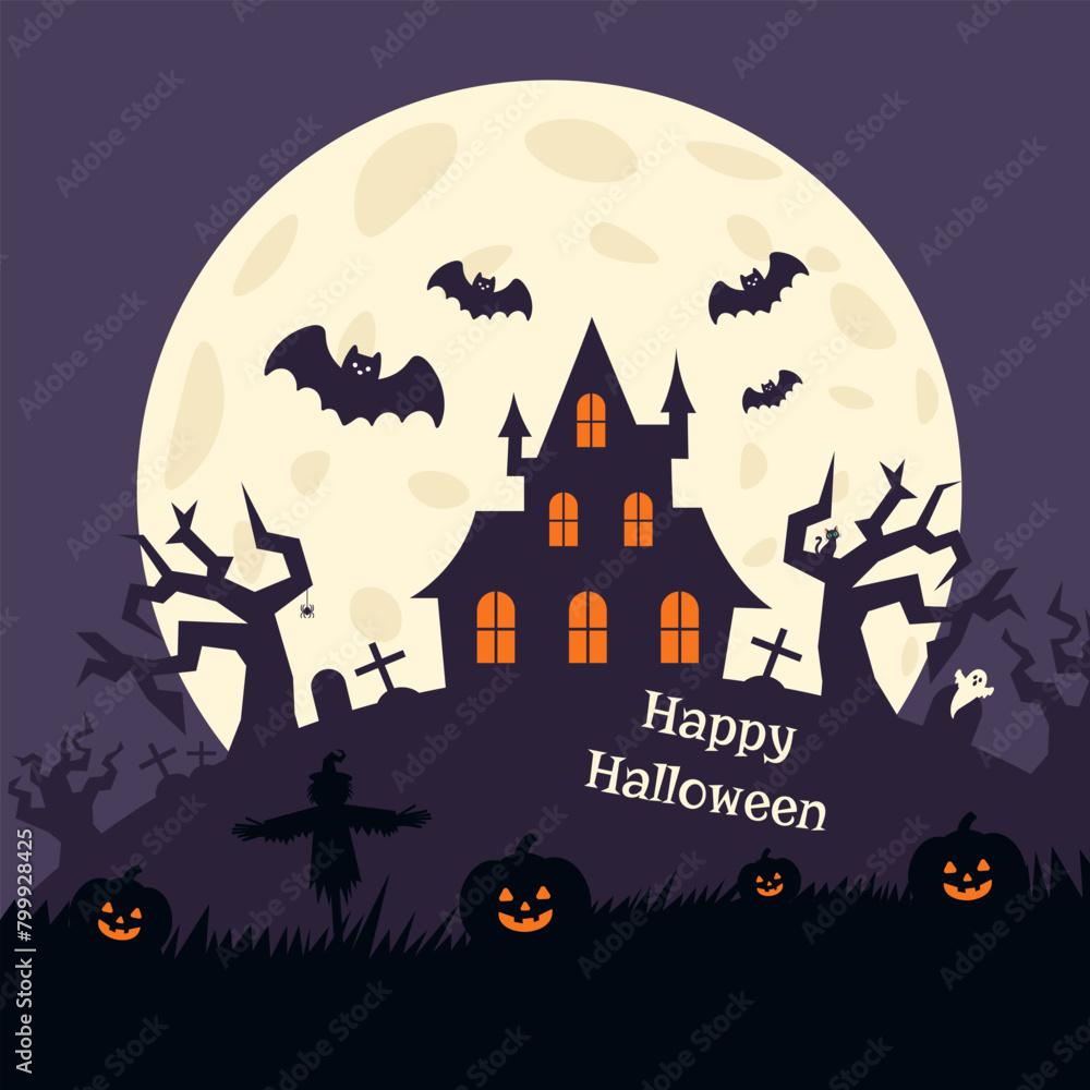 Castle and cemetery against the backdrop of the moon with bats. Vector Halloween illustration