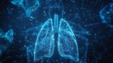 Lungs in a realistic, kinetographic style, featuring blue neon detailed lines and points forming a complex network of arteries and veins. Modern technologies and medicine.