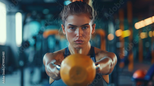 Strong woman exercising with a kettlebell at gym. She's motivated and focused on her workout. photo