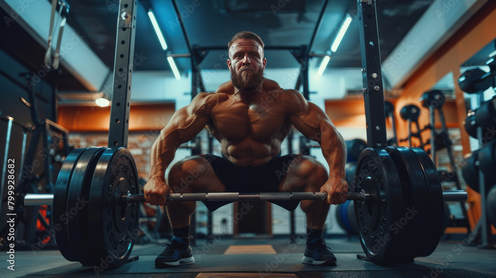 Strong man doing barbell squats in the gym. Muscular bodybuilder exercising. Confident young man lifting weights. Strong man doing barbell squats in the gym. Muscular bodybuilder exercising. Confident young man lifting weights.