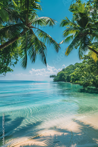 Tropical landscape featuring palm trees swaying in the breeze and crystal-clear waters