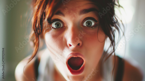 A woman is making a surprised face. Concept of surprise, excitement, the woman has just received some unexpected news or has just experienced something remarkable. Surprise on a Young Woman's Face photo