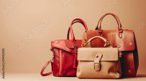 Stylish handbags in different colors and designs are arranged on a beige background. They are made of leather and are perfect accessories for trendy outfits.