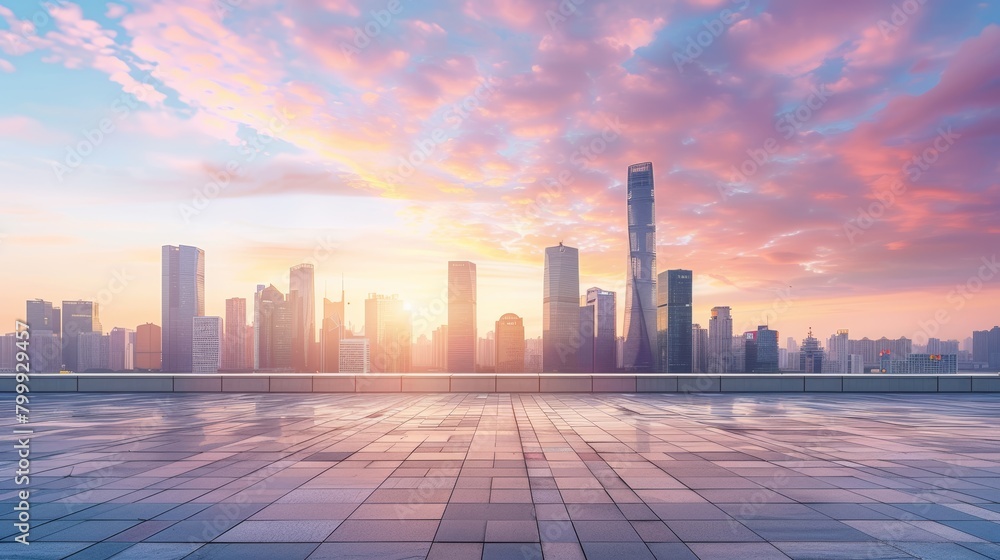 Empty asphalt road and modern city skyline with building scenery at sunset. high angle view.