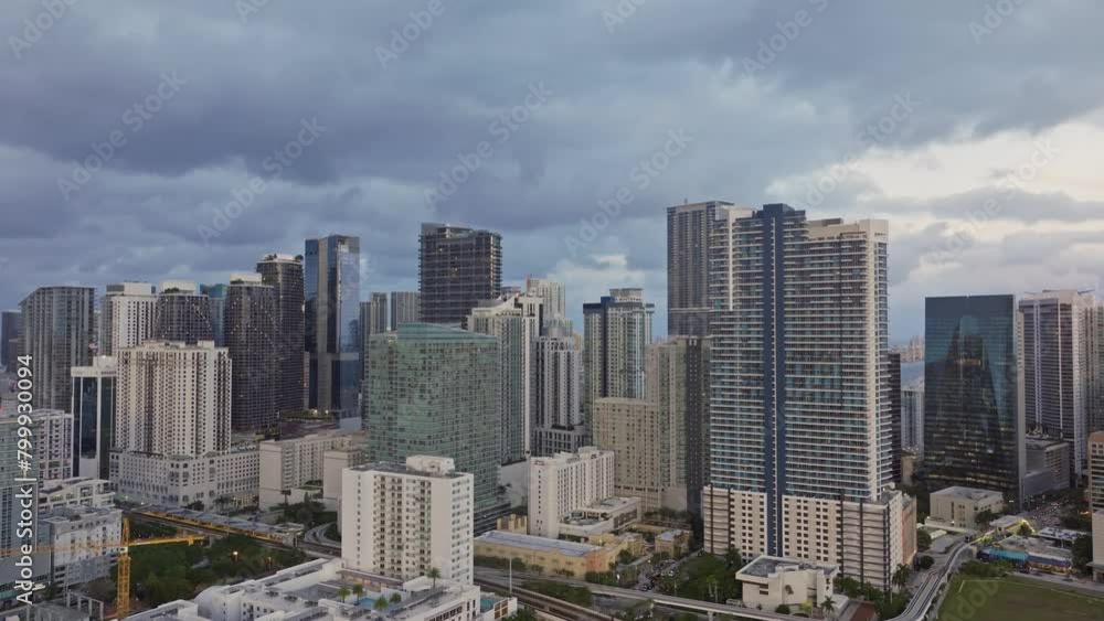 Establishing aerial view of Miami Brickell downtown skyline. Aerial close up view of Miami modern skyscraper buildings, hotels and residential buildings on a beautiful day. Miami Florida in 4K Establishing aerial view of Miami Brickell downtown skyline. Aerial close up view of Miami modern skyscraper buildings, hotels and residential buildings on a beautiful day. Miami Florida in 4K
