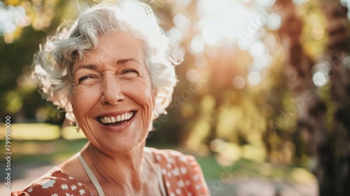 A cheerful elderly lady smiles broadly outdoors, her face alight with a contagious joy and the golden hour's warm glow. photo