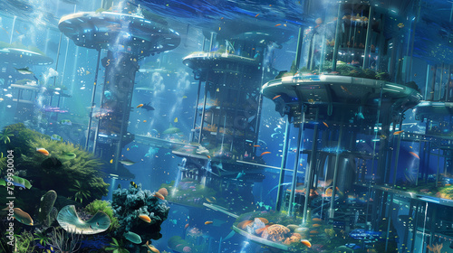  underwater cities powered by ocean thermal energy conversion and populated by marine biologists and researchers studying ocean ecosystems. #799930004