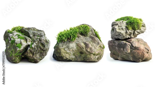 A row of four stones with green moss and lichen isolated on white background.