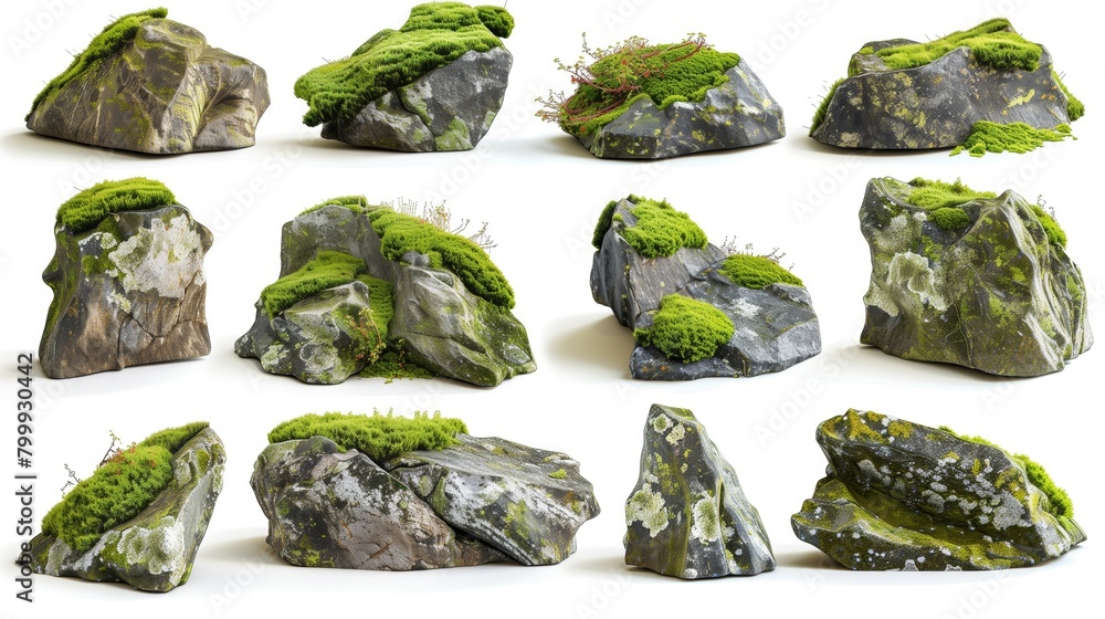Collection of twelve detailed rocks adorned with vibrant moss and small plants, each uniquely shaped. Collection of twelve detailed rocks adorned with vibrant moss and small plants, each uniquely shaped.
