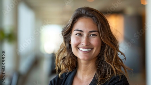 A confident female professional in a black jacket smiling warmly, embodying success and approachability.