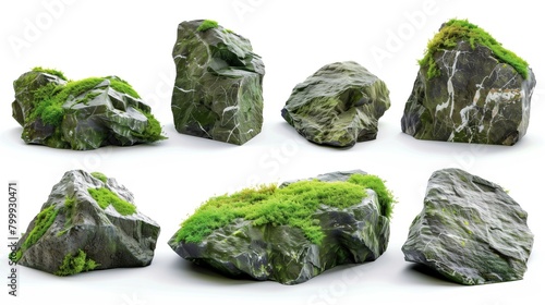 Set of eight diverse rocks with detailed textures, some covered in moss, isolated on a white background.