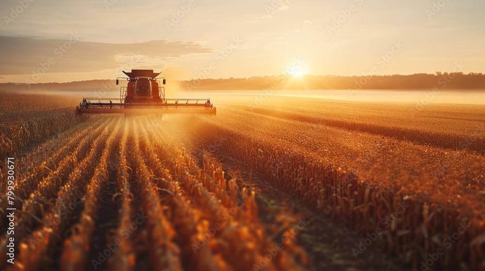 Fototapeta premium Farmers harvesting corn in vast fields, using machinery under the morning light.