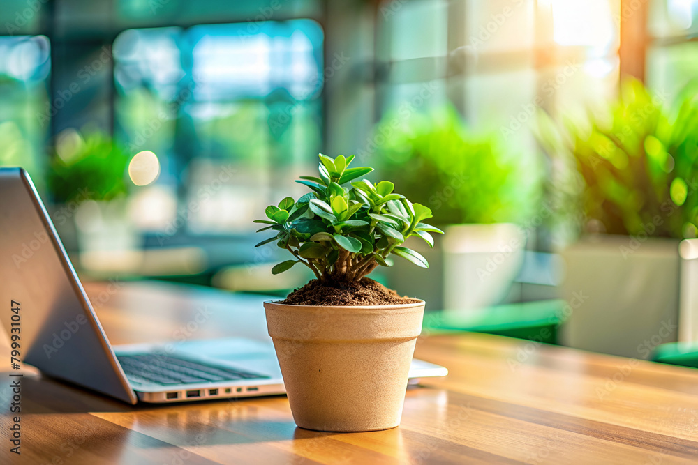 Macro of Plant in Small Pot on Desk Symbolizing Growth in Co-working Space Macro of Plant in Small Pot on Desk Symbolizing Growth in Co-working Space