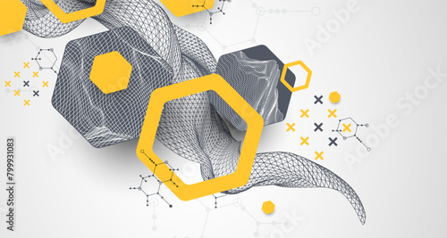 Scientific and technological background. Wireframe wave with hexagons of different types on a gray gradient.