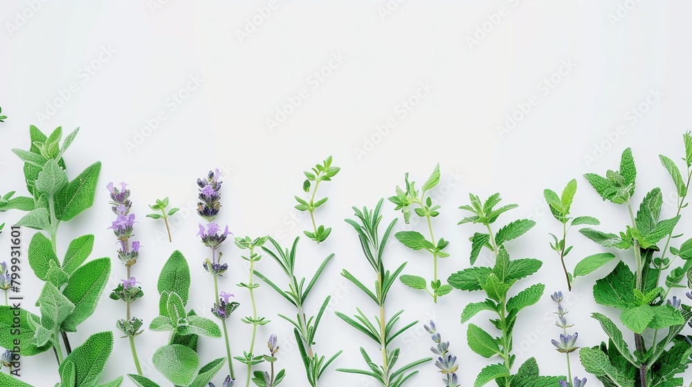 custom made wallpaper toronto digitalRosemary, mint, lavender, marjoram, sage, lemon balm and thyme layout. Creative frame with fresh herbs on white background. Top view, flat lay. Healthy eating and alternative medicine concept