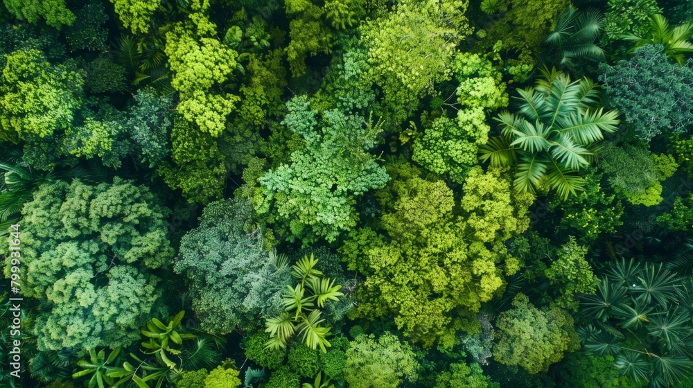 Naklejka premium Top-down view of a rich, green forest, highlighting the diversity in foliage and the beauty of nature from an aerial perspective.