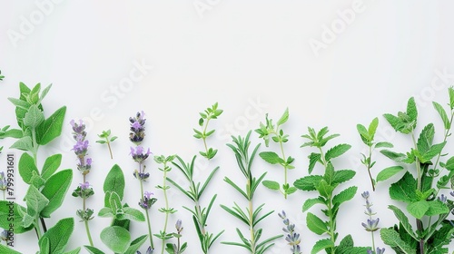 Wallpaper Mural Rosemary, mint, lavender, marjoram, sage, lemon balm and thyme layout. Creative frame with fresh herbs on white background. Top view, flat lay. Healthy eating and alternative medicine concept Torontodigital.ca