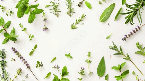 Rosemary, mint, lavender, marjoram, sage, lemon balm and thyme layout. Creative frame with fresh herbs on white background. Top view, flat lay. Healthy eating and alternative medicine concept photo