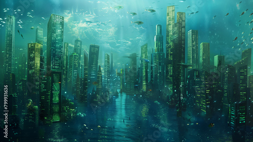  underwater cities powered by ocean thermal energy conversion and populated by marine biologists and researchers studying ocean ecosystems. #799931636