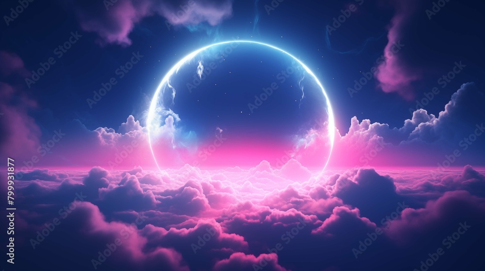Radiant cosmic halo above clouds illustration. Ethereal circle neon. Futuristic abstract fantasy wallpaper scene artwork. Surrealistic cloudscape background image digital art concept Radiant cosmic halo above clouds illustration. Ethereal circle neon. Futuristic abstract fantasy wallpaper scene artwork. Surrealistic cloudscape background image digital art concept