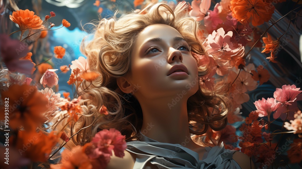Ethereal woman among blooming flowers illustration. Dreamlike serenity wallpaper scene artwork. Heavenly blossom female gazing up. Dreamy atmosphere background image digital art concept Ethereal woman among blooming flowers illustration. Dreamlike serenity wallpaper scene artwork. Heavenly blossom female gazing up. Dreamy atmosphere background image digital art concept