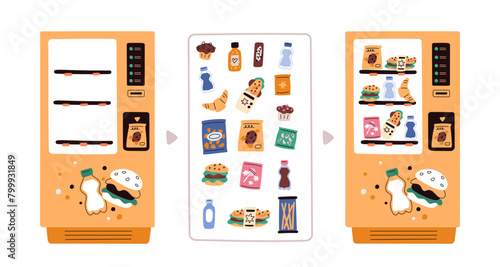 Vending machine with snack. Food selling equipment. Empty sale device. Automat filled with products. Drink cans. Water bottles. Sandwiches and chips. Merchandise retail. Garish vector set