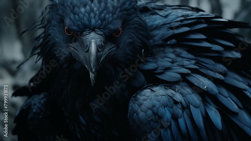 Captivating raven eyes glowing fiercely closeup image. Dark plumage bird close up photography marketing. Mystery in cool shadowy ambiance concept photo realistic. Animal gaze picture