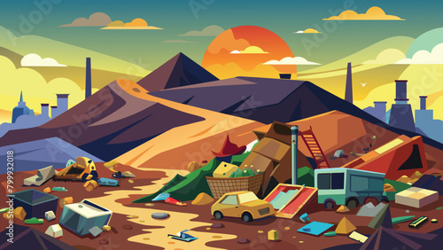 Pollution in nature with litter, landfill landscape vector cartoon illustration.