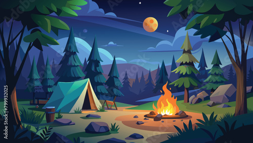 Tranquil night camping with tent and fire, vector cartoon illustration.