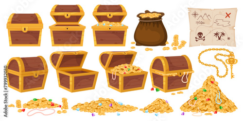 Treasure chest. Pirate wealth. Gold coins and diamonds. Corsair map. Opened and closed wooden containers. Ancient golden key. Empty and full boxes with jewelry gems. Recent vector set