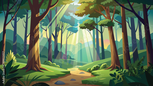 Serene forest landscape with sunbeams penetrating through trees  vector cartoon illustration.