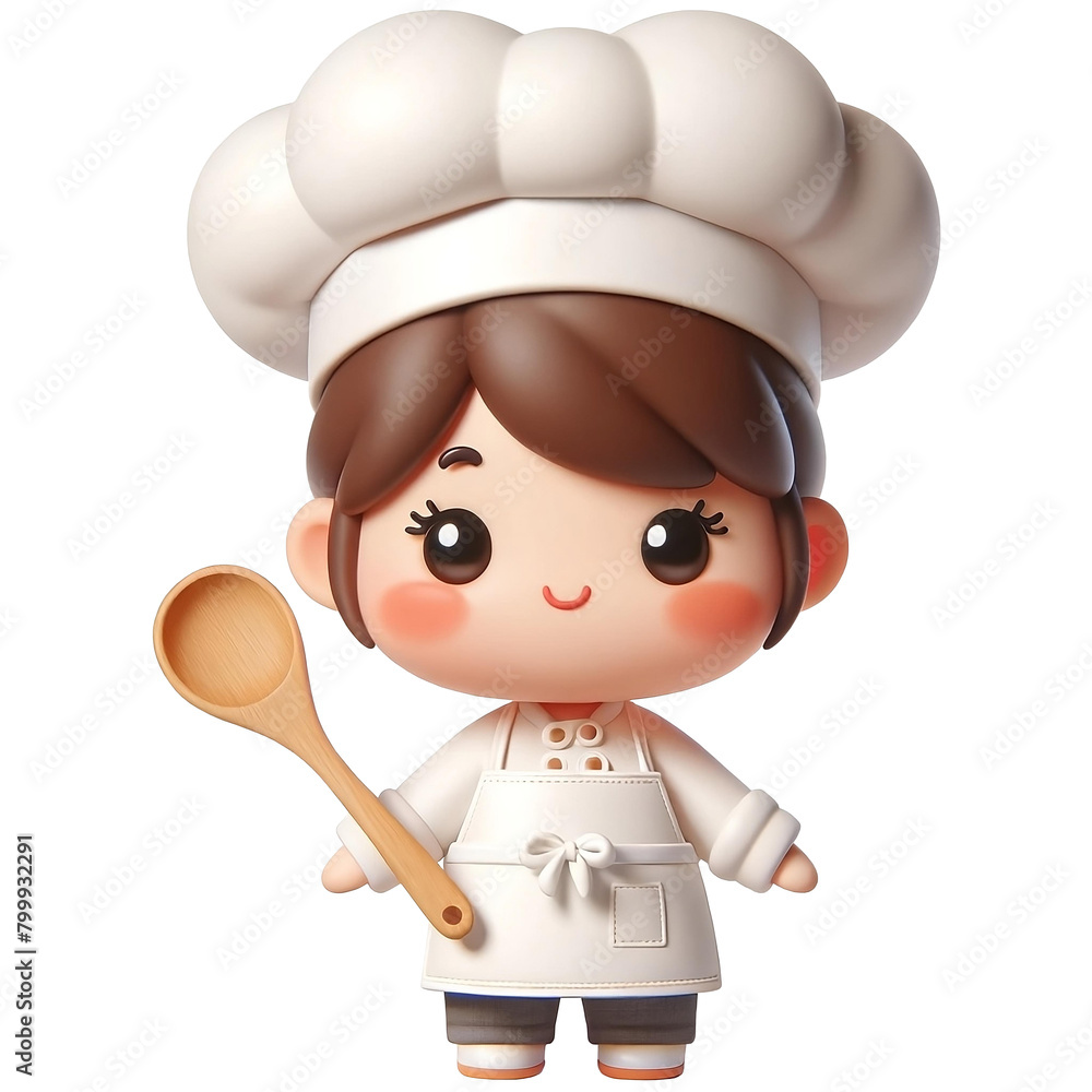 3D animated image of a little chef character with a big smile, holding a wooden spoon, dressed in chef whites, on a dark background. 3D animated image of a little chef character with a big smile, holding a wooden spoon, dressed in chef whites, on a dark background.