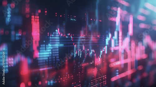 Abstract financial chart with futuristic glowing candlestick lines on a dark blue and pink blurred background.