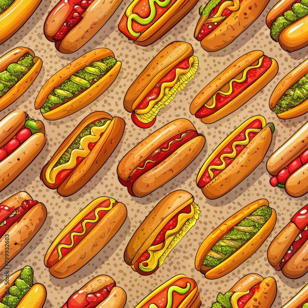 Seamless pattern of savory hot dogs topped with mustard, ketchup, and relish, Generative AI Seamless pattern of savory hot dogs topped with mustard, ketchup, and relish, Generative AI