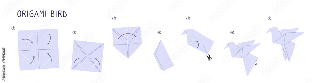 Fototapeta premium Origami scheme. Step by step instruction. Making Japanese crane guide. Folded paper bird. Friendship and good luck symbol. Asian hobby. Handmade pigeon manual. Garish vector concept