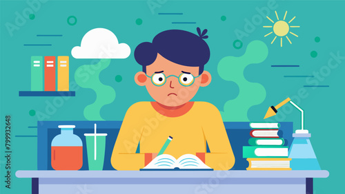 A student with sensory sensitivities struggling to complete a test in a classroom with flickering fluorescent lights and strong chemical smells.. Vector illustration