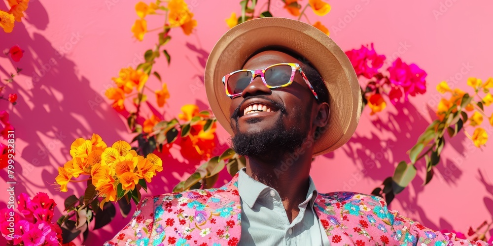 Dancing trendy African American man in colorful dress surrounded by the blooming flowers