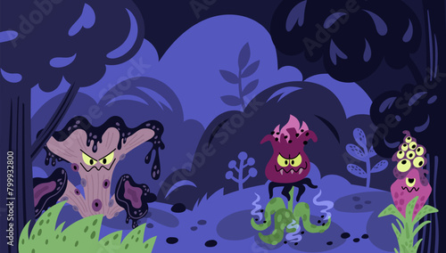 Monster plant landscape. Ominous fabulous forest landscape. Flowers and mushrooms. Predatory botany elements. Carnivorous creatures. Night woodland. Mystic flora. Garish vector concept