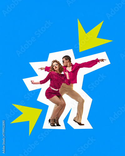 Poster. Contemporary art collage. Man and woman in retro attire synchronously dance in disco style against vibrant background. Concept of carefree, music rhythm, party, disco. Trendy magazine style. photo