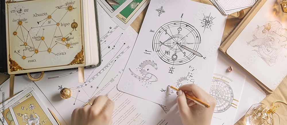 Astrology. Astrologer calculates natal chart and makes a forecast of fate Tarot cards, Fortune telling on tarot cards magic crystal, occultism, Esoteric background. Fortune telling,tarot predictions Astrology. Astrologer calculates natal chart and makes a forecast of fate Tarot cards, Fortune telling on tarot cards magic crystal, occultism, Esoteric background. Fortune telling,tarot predictions