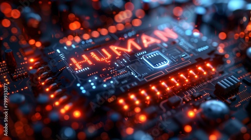 Detailed close-up of a futuristic circuit board with glowing red 'HUMAN' text in a techy font.