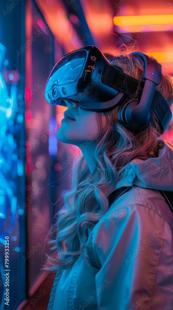 Woman wearing virtual reality simulators near wall