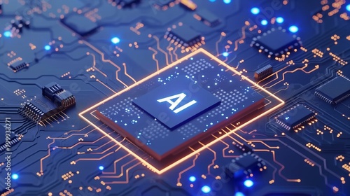 Detailed image of an advanced AI microchip on a blue circuit board with glowing lights.