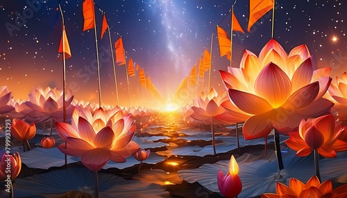 Lotus and Hindu orange flags in the water photo