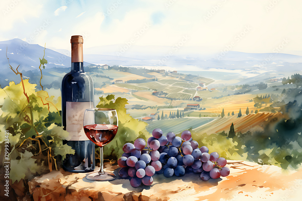 Bunch of blue grapes, red wine bottle and wine glass on landscape with hills and vineyards. Watercolor or aquarelle painting.