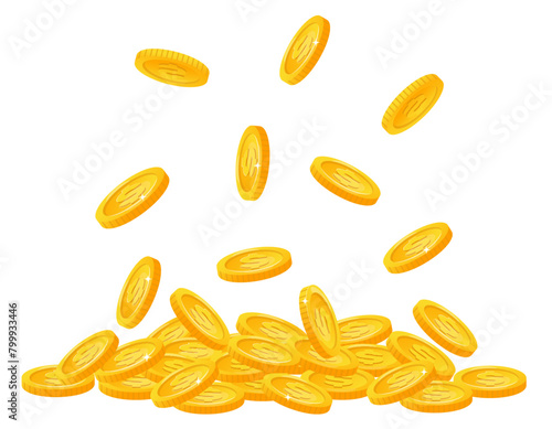 Falling gold coins. Round glossy dollar cents pour down from above in pile. Yellow money fall. Win casino jackpot. Finance savings. Golden currency. Investment profit. Vector background